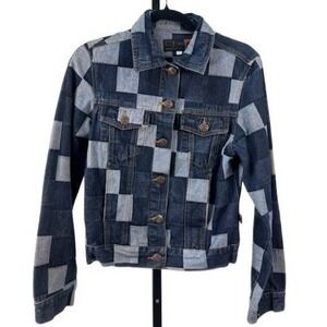 Vintage CJ Jeans Crest Women's Medium Blue Checkered Colorblock Denim Jacket
